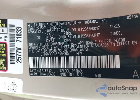 2014 Toyota Sienna L V6 7 Passenger из США, поврежденный, VIN 5TDZK3DC4ES493886